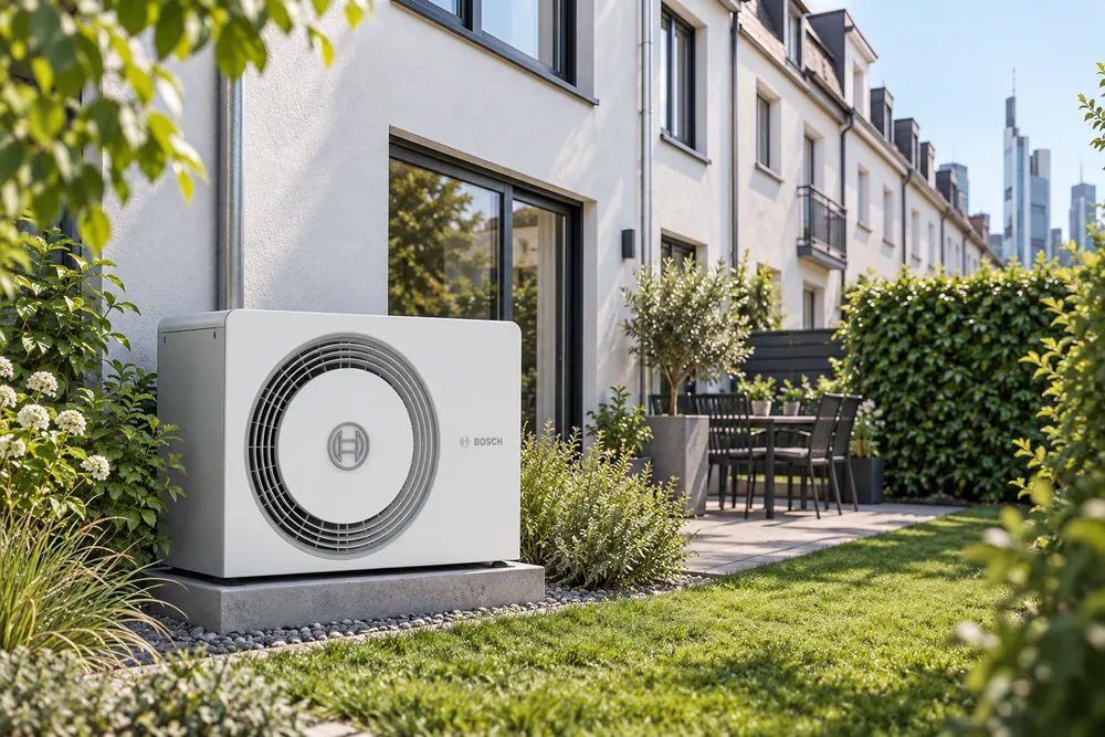 Bosch-Wärmepumpe im Reihenhausgarten, im Hintergrund die Frankfurter Skyline