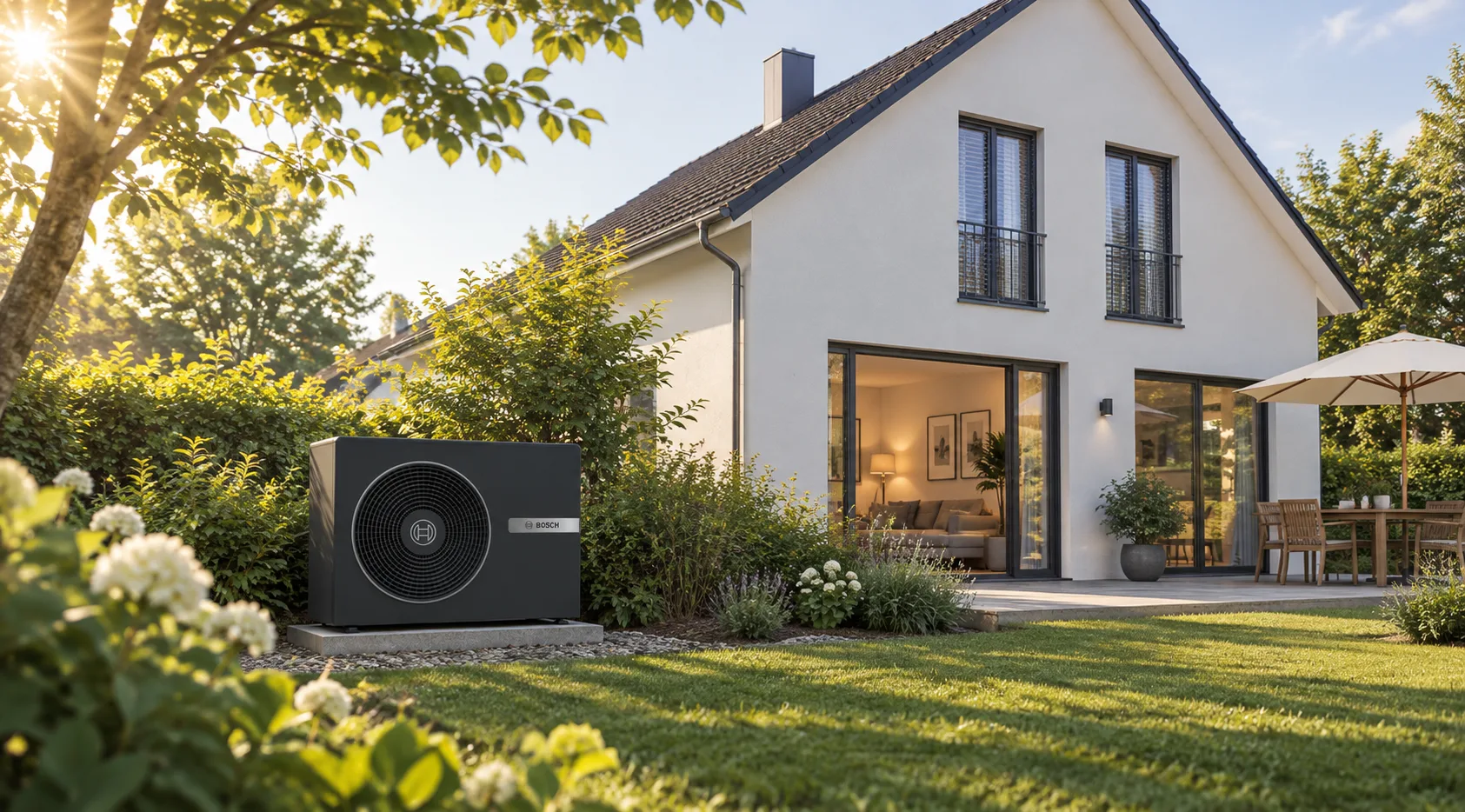 Einfamilienhaus mit Bosch-Wärmepumpe im Garten