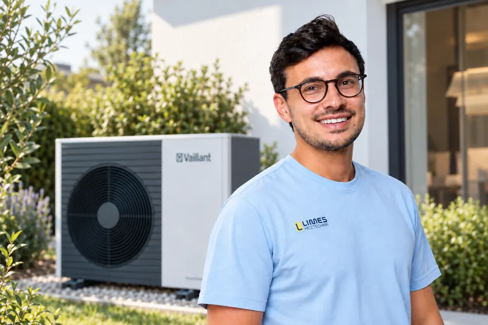 Marius Stäcker vor einer Vaillant-Wärmepumpe am Einfamilienhaus